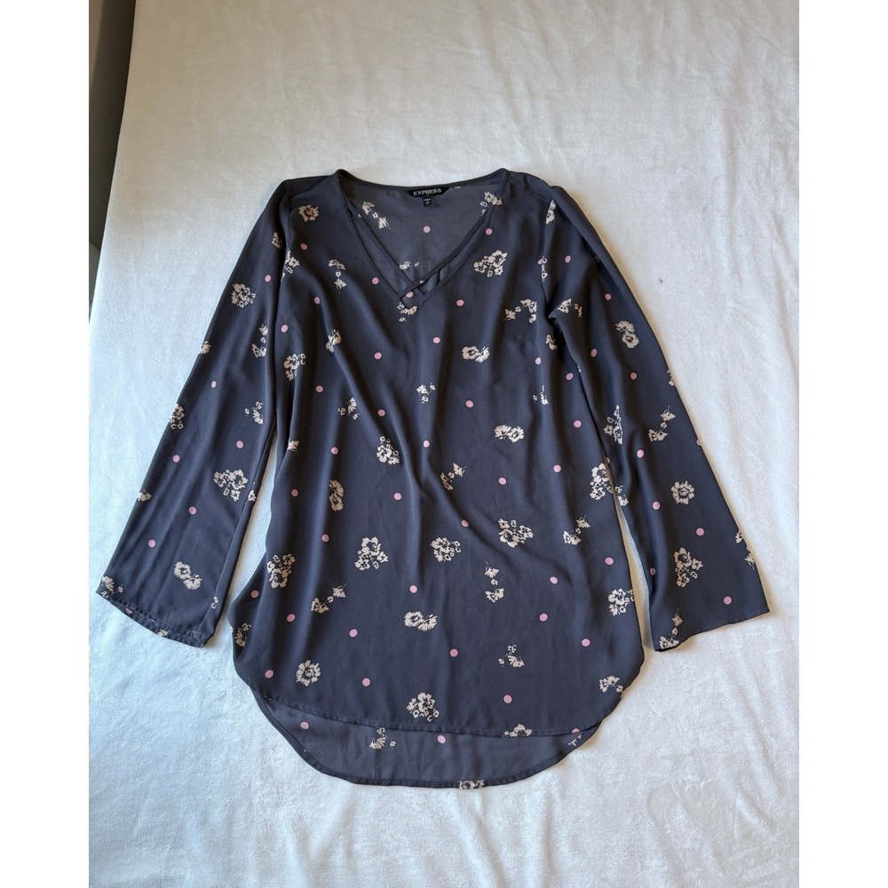 Express Women's Dark Gray Long Sleeve Tunic w/Pink Dots/Cream Flowers Small